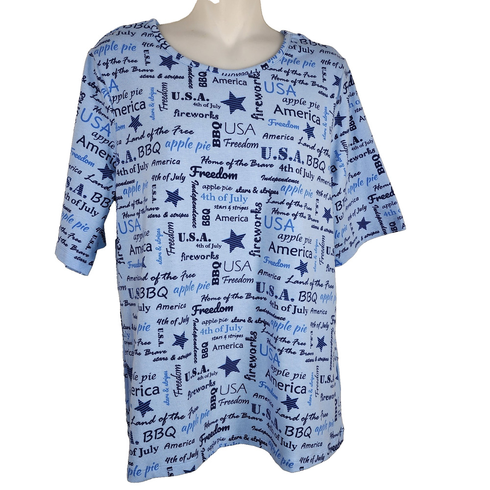 Denim & Co. Word Print Perfect Jersey Elbow Sleeve Top Blue M America A354041